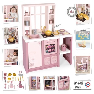 Bucatarie de jucarie Smoby Loft Fleur, cu 27 accesorii, cuptor, frigider, 74x29x96 cm, pentru copii 3 - Img 3