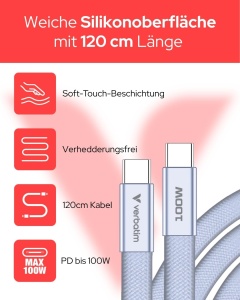 Cablu USB-C Verbatim Sync Charge 120cm 100W PD 3.0 Lila - Img 2