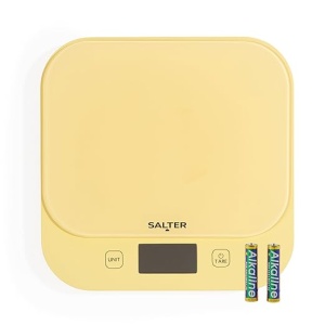 Cântar digital de bucătărie Salter British Bakes - capacitate mare de 10 kg, măsoară lichide, impermeabil, funcție de tară, platformă din sticlă, precizie de 1 g, galben