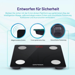 Cantar digital GRIFEMA cu Bluetooth, masuratori BMI si grasime corporala, negru - Img 3