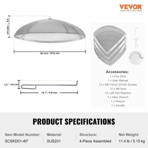 Capac protectie scantei VEVOR SCSKD01-40 inox diametru 1016 mm plasa 2 mm - Img 7