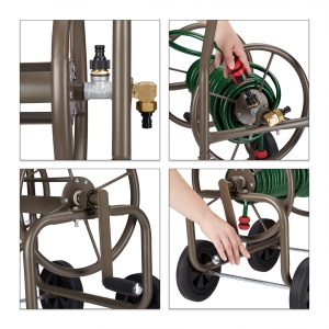 Carucior pentru furtun Relaxdays, capacitate 60m, 4 roti, metalic, culoare maro - Img 6