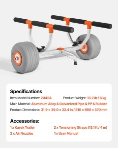 Carucior pentru kayak VEVOR 158 kg, cu roti PU de 30,5 cm si curele de fixare - Img 7