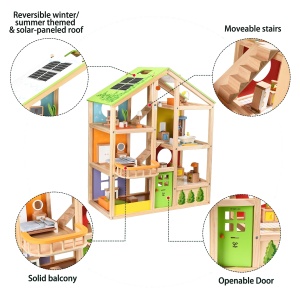 Casa de papusi din lemn Hape Four-Seasons Premiata Casa de papusi cu trei etaje, cu mobilier, accesorii, scari glisante si acoperis reversibil pentru fiecare sezon - Img 5