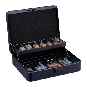 Caseta de bani Relaxdays, 3 cifre, cu suport monede, 8.5x30.5x25 cm, negru