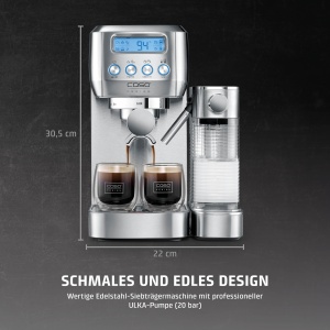 CASO Espresso Gourmet Latte - Rezultatul testului Very Good, aparat portafiltru cu recipient de lapte integrat, pompa ULKA de 20 bari, placa de incalzire a cestilor, 1 sau 2 cani, argintiu, otel inoxidabil - Img 5