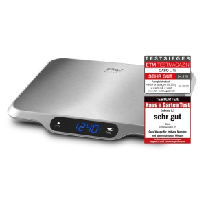 CASO L15 - Cantar de bucatarie design, cantar digital de bucatarie cu suprafata de cantarire foarte mare (30x22 cm) din otel inoxidabil periat, cantar de pana la max. 15 kg, digital, afisaj mare, functie HOLD, otel inoxidabil, argintiu, 03292 - Img 1