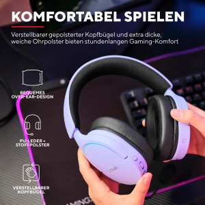 Casti pentru jocuri Trust Gaming GXT 491P Fayzo Bluetooth + 2.4GHz, sunet surround 7.1, durata de viata a bateriei 22H, 35% casti over-ear RGB din plastic reciclat PC wireless Bluetooth PS5 PS4 Switch, violet - Img 7
