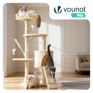 Catarator pentru pisici VOUNOT 112 cm, cu 3 platforme, culoare bej - Img 2