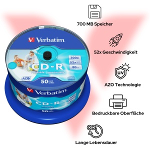 CD-R Verbatim AZO 700 MB, 52x, 50 bucati, bedruckbare - Img 4