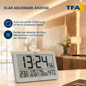 Ceas digital de perete TFA Dostmann 60.2568.54, cu temperatura si umiditate, argintiu - Img 2