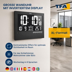 Ceas digital de perete TFA Dostmann 60.4508, cu iluminare automata, negru - Img 2
