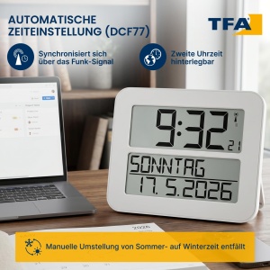 Ceas digital TFA Dostmann Timeline Max, alb, cu functie de alarma si afisaj mare - Img 4