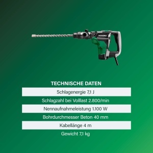 Ciocan rotopercutor HiKOKI DH40MCWSZ, 1100 W, 7.1 J, 40 mm - Img 4