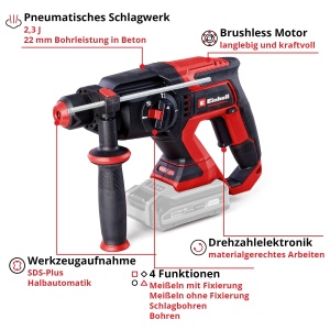 Ciocan rotopercutor profesional cu acumulator Einhell TP-HD 1822 D Li BL-Solo Power X-Change 18 V fara perii 23 J SDS-plus capacitate de gaurire de 22 - Img 3