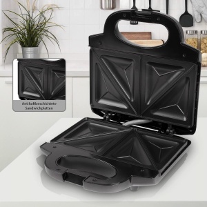 Clatronic ST 3778 Sandwich Maker, Sandwich Maker electric, Sandwich Maker cu panouri sandwich triunghiulare Acoperit antiaderent, Controler automat de temperatura, 750 Watt negru/otel inoxidabil - Img 4