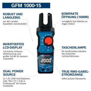 Cleste ampermetric Bosch Professional GFM 1000-15, True RMS, 200 A AC, LCD inversat - Img 3