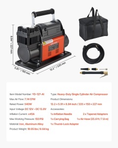 Compresor auto portabil VEVOR YD-127-AI, 12V, 540W, 10.3 bar, 202 Lmin - Img 7