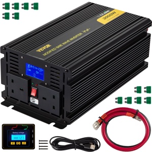 Convertor de tensiune VEVOR, invertor cu unda sinusoidala 12V DC 240V AC, 3000W, unda sinusoidala modificata, 358 x 167 x 120mm, convertor de curent, ecran LCD, 0.3A, indicatoare LED, priza de alimentare UK, 2 cabluri de baterie - Img 1