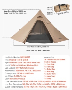 Cort de camping VEVOR DW258099, pentru 4 persoane, impermeabil, cu interior din plasa - Img 7