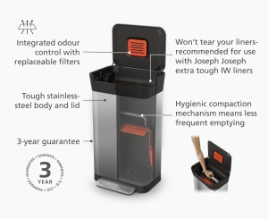 Cos de gunoi Joseph Joseph Titan 30L, inox, sistem compactare, filtru mirosuri - Img 4