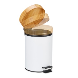 Cos de gunoi pentru baie Relaxdays, 3 l, cu capac din bambus, alb - Img 2