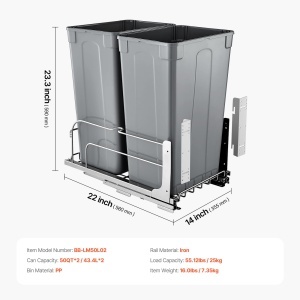 Cos de gunoi retractabil VEVOR 50 Qt x2, cu sistem Soft-Close, gri - Img 7