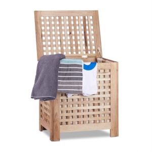 Cos de rufe Relaxdays, 70 litri, lemn de nuc, cu capac si sac detasabil