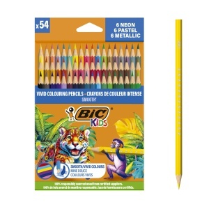 Creion colorat BIC Kids Smooth, 54 culori, din lemn responsabil