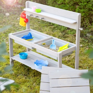Cucina de gradina pentru copii Roba Fun Outdoor din lemn, gri, cu 2 bazine - Img 8