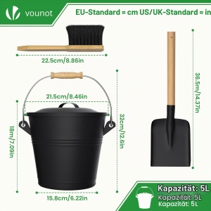 Cufar pentru cenusa VOUNOT 5L cu capac, metalic, negru, cu lopata si perie - Img 3