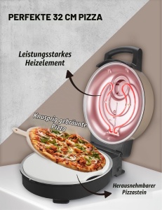 Cuptor de pizza Bestron APZ500SAT, 320C, cu piatra si spatule din lemn, bej - Img 3
