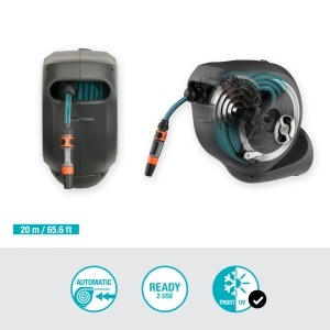 Cutie de furtun de perete Gardena RollUp M 20 m: Irigare flexibila pentru gradini de dimensiuni medii, tambur de furtun pivotant, cu suport de perete, piese de sistem si pulverizator incl. furtun Gardena de 20 m (18612-20) - Img 2