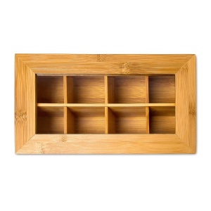 Cutie pentru ceai Relaxdays din bambus, 8 compartimente, cu fereastra, 9x28x16 cm - Img 3