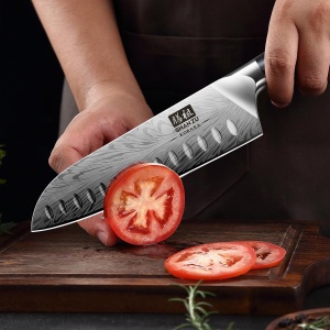 Cutit de bucatarie din otel pulbere SHAN ZU, cutit de bucatar japonez Cutit Santoku, cutit de bucatar profesional de 18 cm cu continut ridicat de carbon, cutit de bucatarie ascutit cu maner ergonomic din lemn Pakka - Img 2