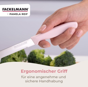 Cutit pentru legume Fackelmann x Pamela Reif lama zimtata 12 cm maner ergonomic pastel roz - Img 5