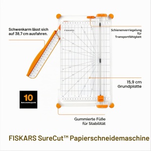 Cutter de hartie Fiskars SureCut Deluxe 30,5 cm, design ergonomic, taiere precisa - Img 2