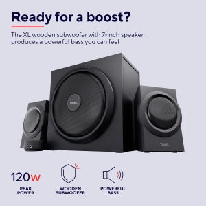 Difuzor PC Trust Yuri 2.1 cu subwoofer, putere de varf de 120 W, subwoofer din lemn cu un driver de bas puternic de 5,25 inchi, control al volumului cu casti si conector de intrare de linie, negru - Img 2