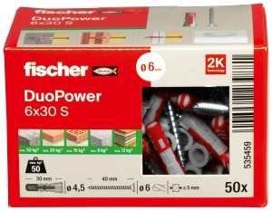 Dublu cu doua componente fischer DuoPower 6 x 30 S, 50 bucati, pentru beton si caramida - Img 2