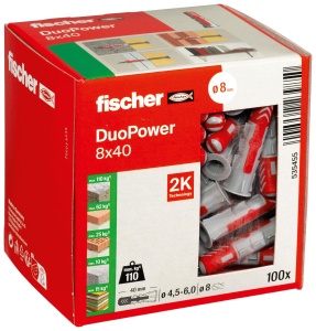 Dublu de fixare fischer DuoPower 8 x 40, 100 bucati, pentru beton si caramida