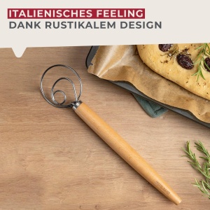 Fackelmann Agitator de aluat pentru paste, focaccia si aluat - Tel pentru aluat aerisit - Tel danez cu maner ergonomic din lemn de, argintiu/maro - Img 5