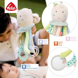 Fehn Activity Play Animal Octopus - Jucarie pentru abilitati motorii pentru bebelusi pentru carucioare, patuturi si scaune auto pentru bebelusi pentru a musca, apuca si scoate sunete - jucarii de dentitie pentru bebelusi si copii de la 0+ luni - Img 3