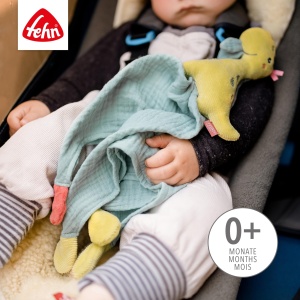 Fehn Patura de plus Jucarie pentru bebelusi Dino - Plapuma pentru nou-nascuti - Ajutor pentru somn Jucarie de plus Suzeta Panza Panza falsa - Panza de plus Animal de dormit pentru bebelusi si copii mici de la 0+ luni - Img 4
