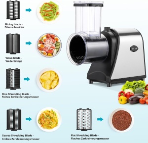 Feliator electric de legume COOCHEER, feliator de legume de 250 W Razatoare de branza de calibru mare din otel inoxidabil cu 5 lame pentru diverse legume - Img 6