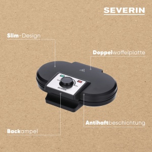 Fier de vafe SEVERIN Duo, fier de vafe dublu cu acoperire antiaderenta pentru doua vafe clasice cu inima, fier de vafe cu inima in design subtire, putere de aproximativ 1.200 W, negru, WA 2106 - Img 4