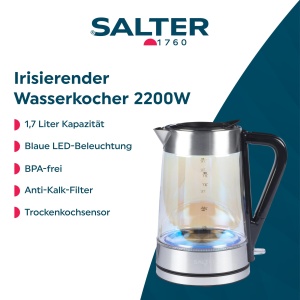 Fierbator electric Salter 1,7L 2200W cu LED albastru, BPA-free - Img 2