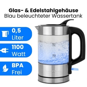 Fierbator ProfiCookr din otel inoxidabil 05 litri albastru iluminat Fara BPA Ceainic mic 1100W Ceainic de calatorie Carcasa din sticlaotel inoxidabil  - Img 2