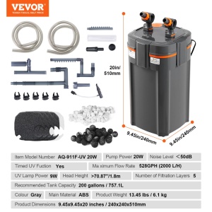 Filtru de acvariu VEVOR 528 GPH, filtru de canistra in 5 trepte 757,1 L, filtru de acvariu intern extrem de silentios cu protectie UV, filtru de putere submersibil cu functii multiple pentru acvarii, 20 W - Img 7
