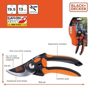Foarfeca de gradina BLACKDECKER Bypass lame din otel maner ergonomic negruportocaliu - Img 2