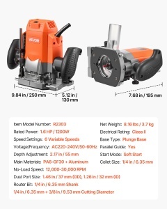 Freza de lemn VEVOR, 1200 W, 6 viteze, adancime taiere 55 mm - Img 7